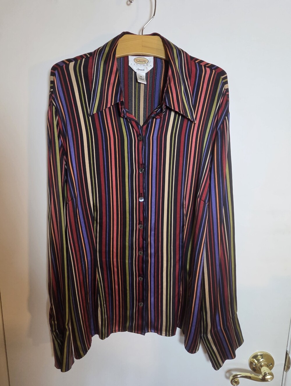 Talbots Petites Silk Blend Striped Button Down Shirt Multicolor Sz 14 Jewel Tone